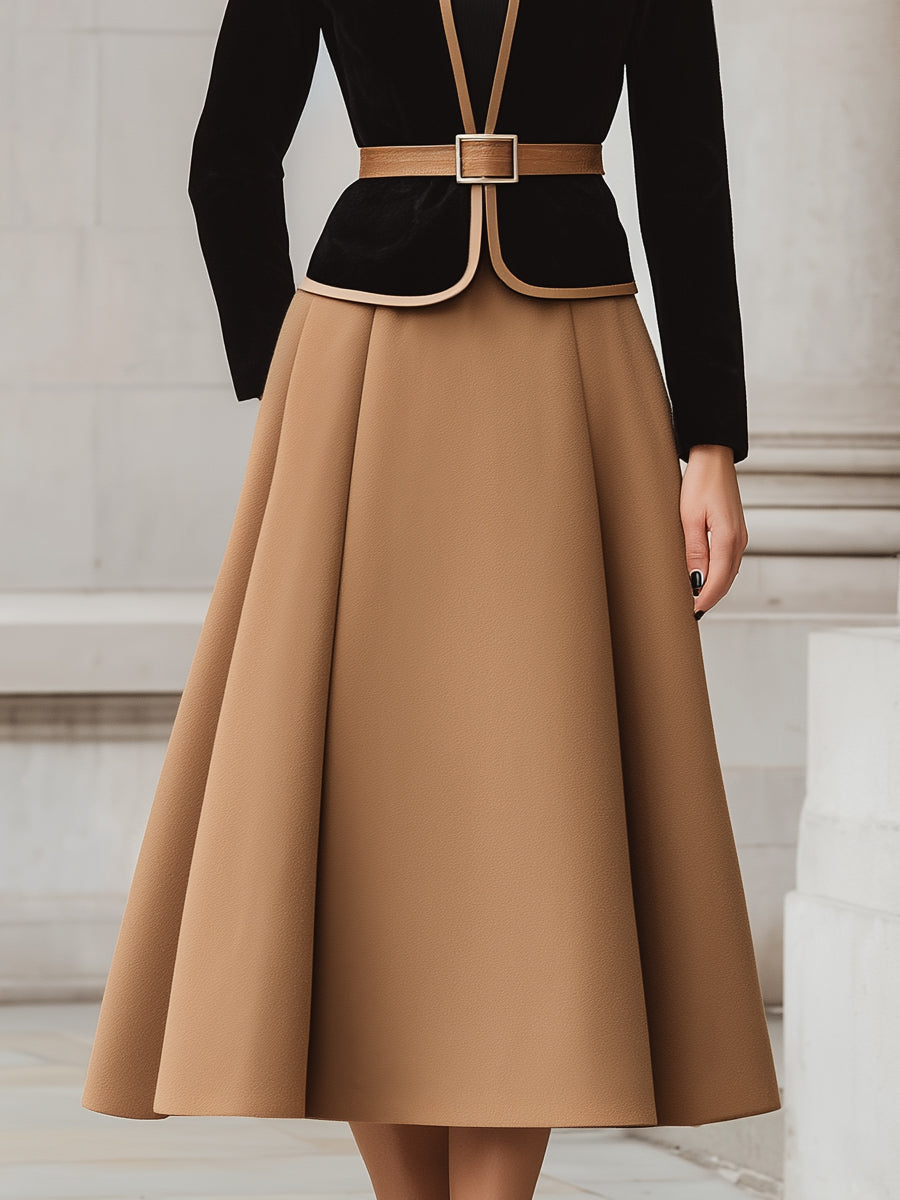 To-farvet Trim Blazer og A-Line Midi Skirt Sæt
