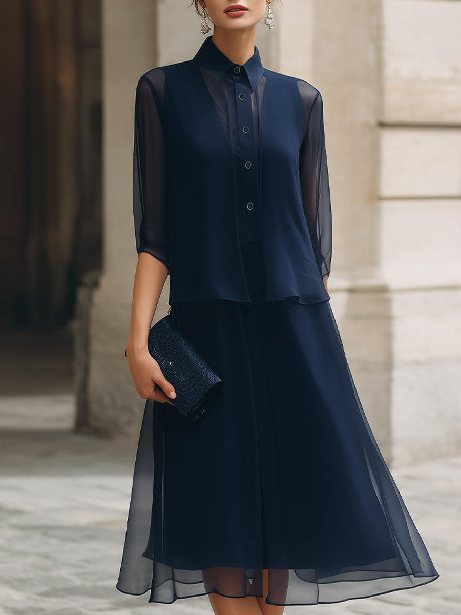 Knap-Front Gennemsigtig Overlay Midi Kjole