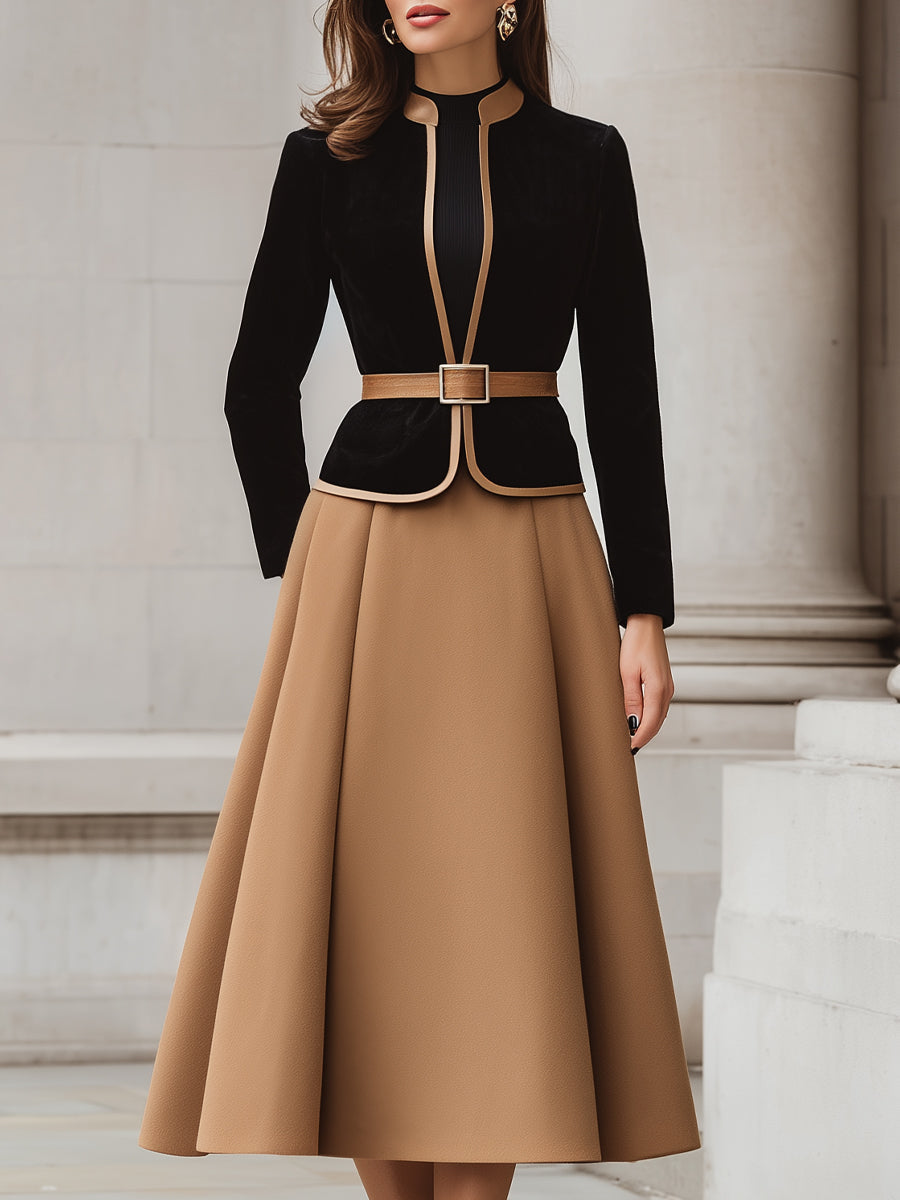 To-farvet Trim Blazer og A-Line Midi Skirt Sæt