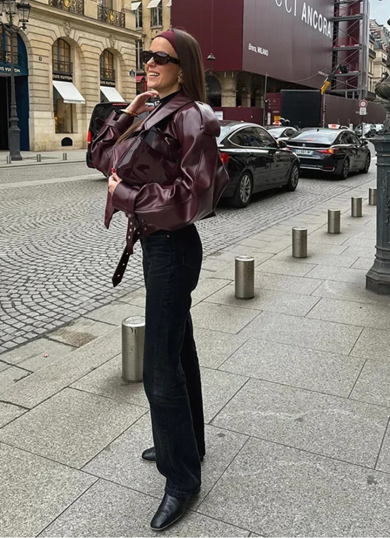 Audace Parisienne Oversize Jakke Læder Effekt – Bælte, Moderne & Elegant Stil Kvinde