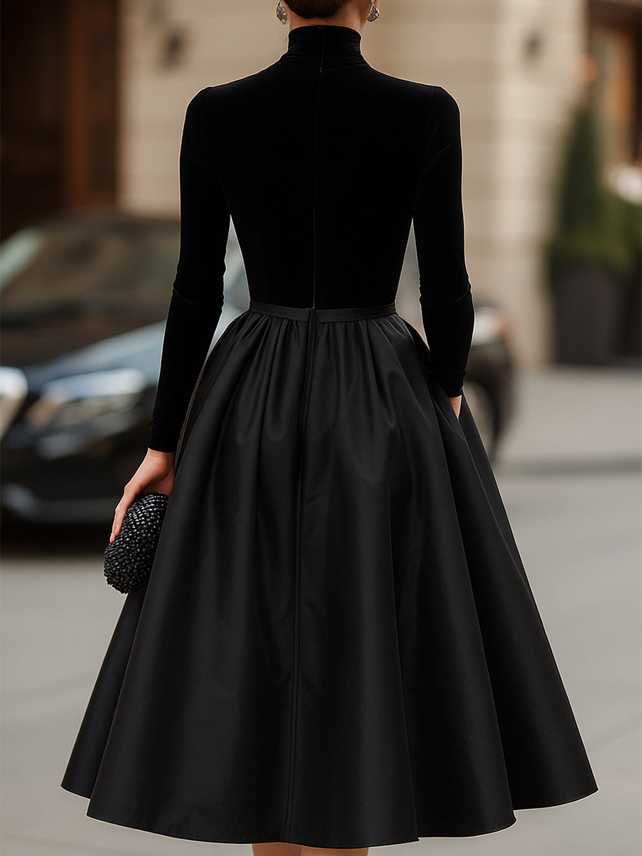 Ava | Elegant Sort Velvet Og Satin Midi Kjole