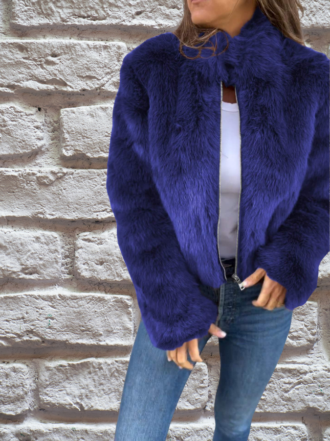 Hiya Kort faux fur jakke til kvinder – Chic frakke med lynlås og pelsdetaljer & varm og komfortabel pasform