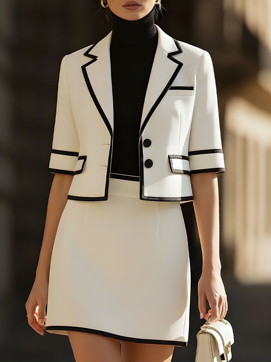 Kontrast-Trim Cropped Blazer & Mini Skirt To-dels Sæt