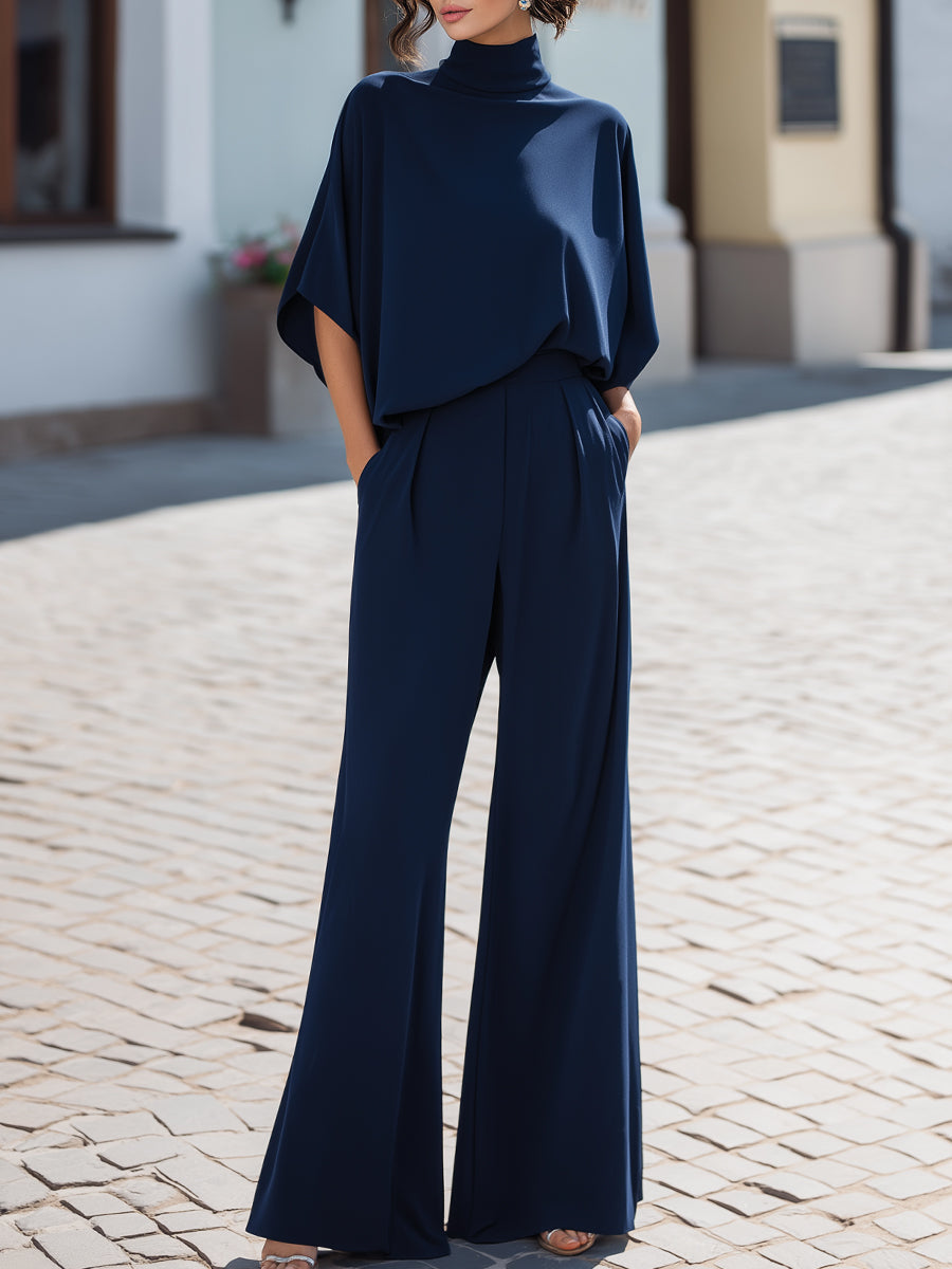 Minimalistisk Højhalset Draperet Bluse & Bredbenet Bukse Sæt