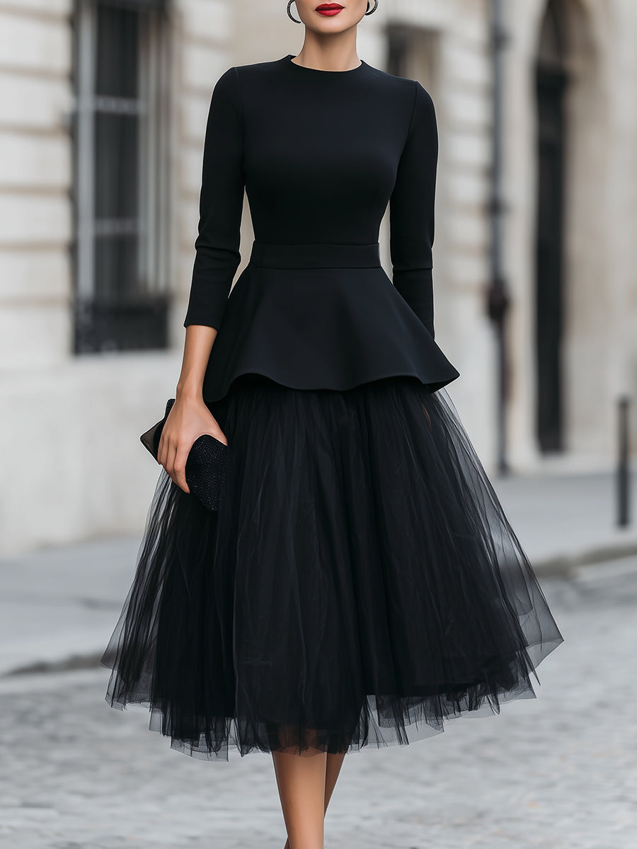 Struktureret Peplum Top og Lagdelt Midi Nederdel Sæt