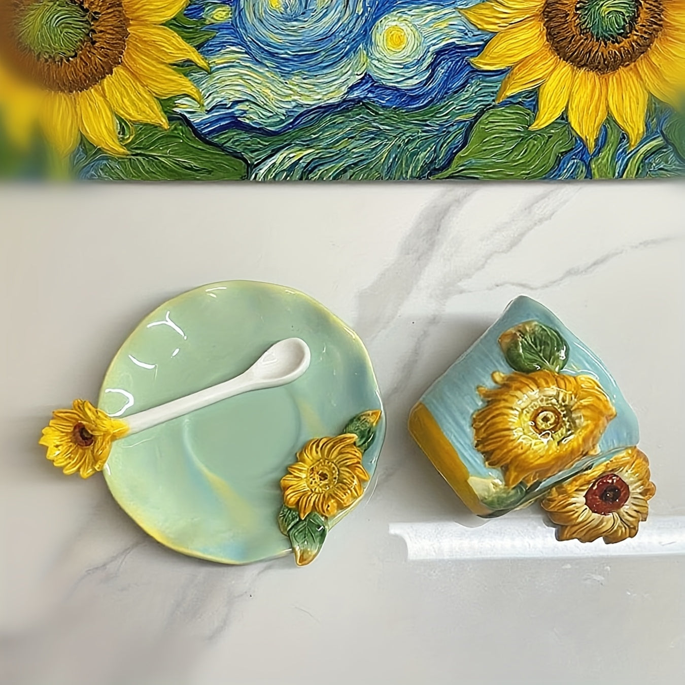 ArtSip Keramisk Kop & Skål Sæt – Håndmalet 3D Design inspireret af Van Gogh
