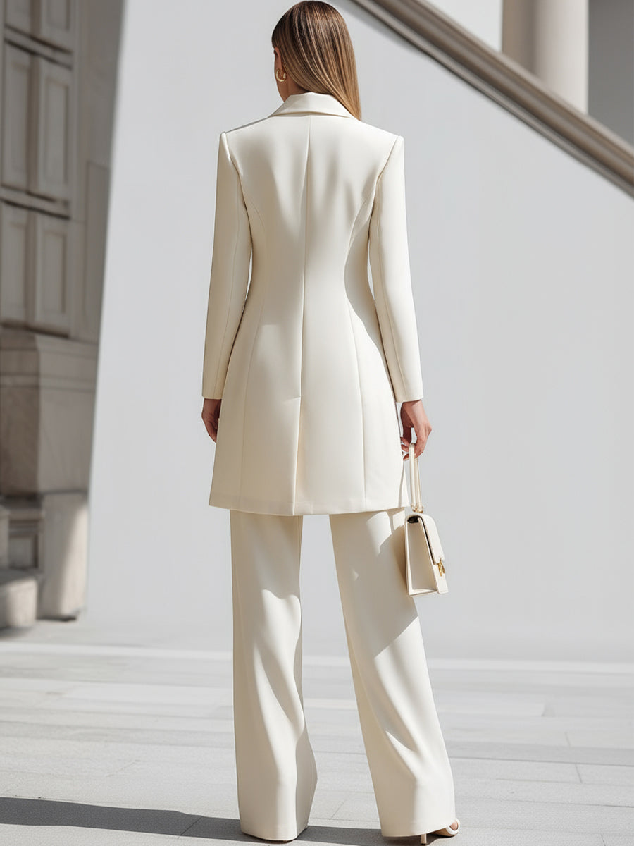 Elegant Cream Longline Blazer Og Bred - Ben Bukser Sæt