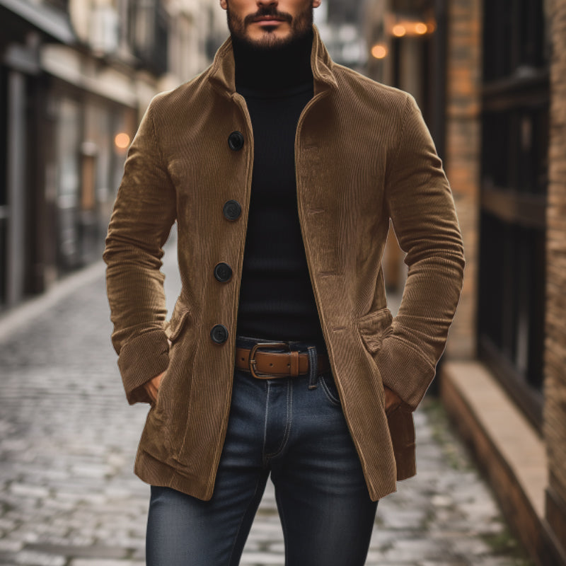Emerson Herre Corduroy Velvet Frakke – Slim Fit med Stå-Op Krave & Elegante Lommer