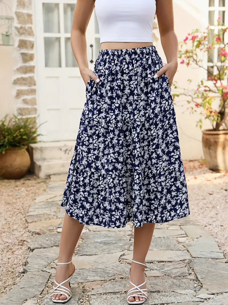 Blomstret A-linje Skirt med Lommer til Kvinder | Ideel til Forår og Sommer