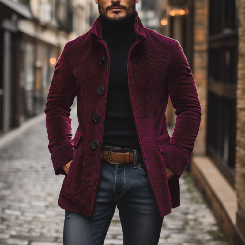 Emerson Herre Corduroy Velvet Frakke – Slim Fit med Stå-Op Krave & Elegante Lommer