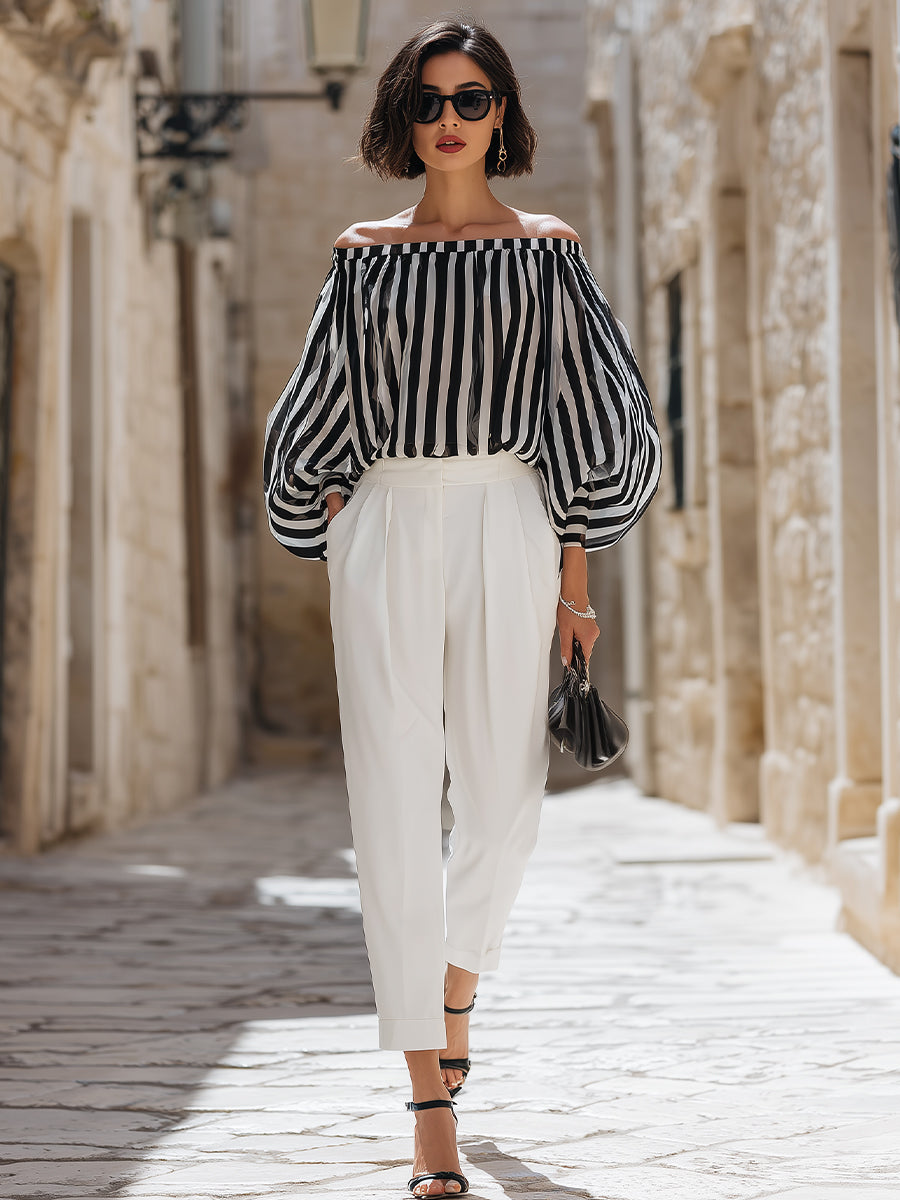 Chic Off-the-Shoulder Stribet Bluse & Højtaljede Skræddersyede Bukser Sæt