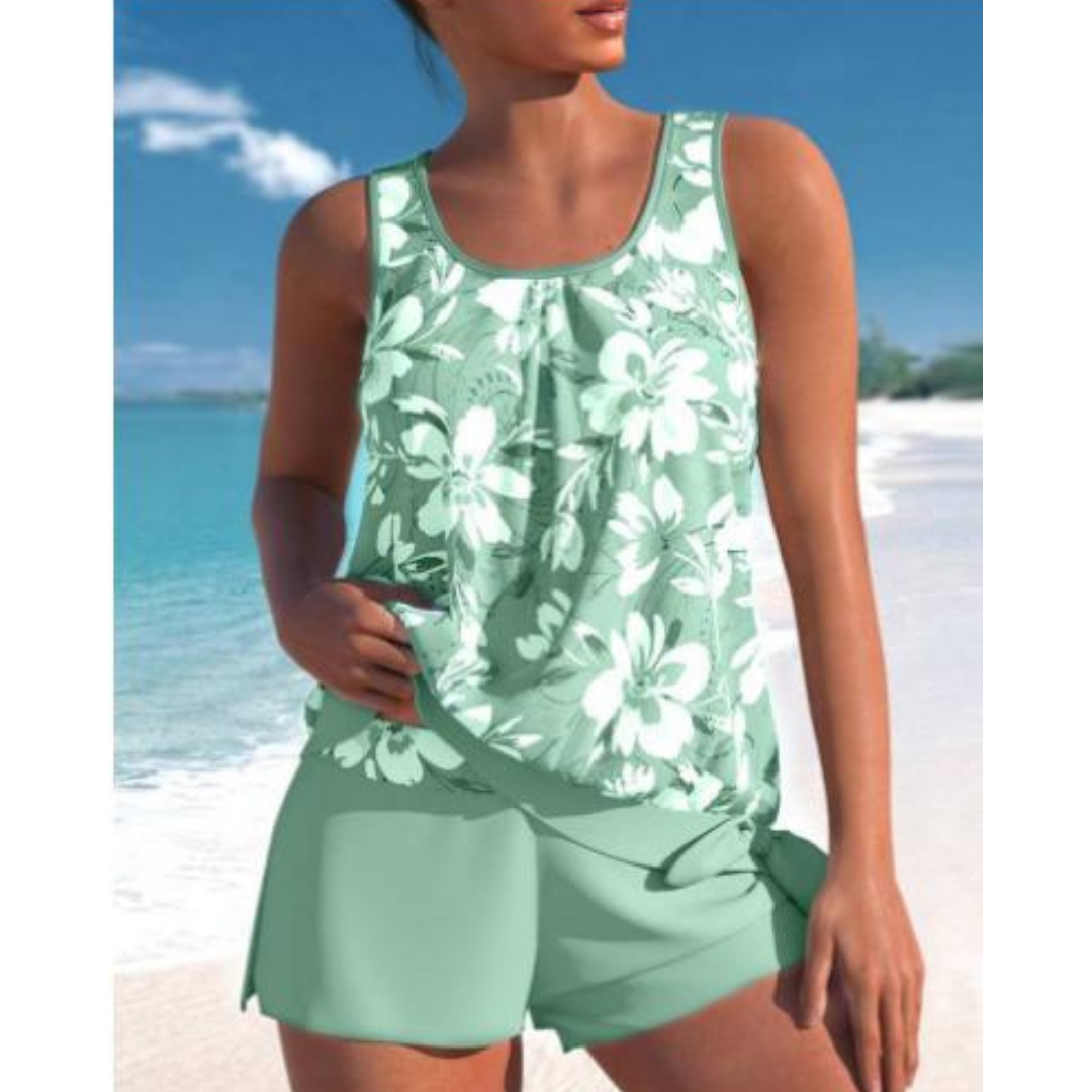 Adalina | To-farvet Tankini-sæt med Blomsterprint til Damer