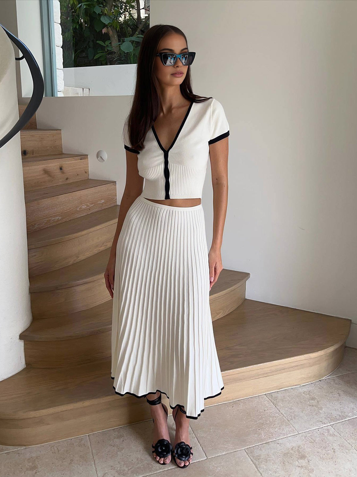 Minimalisme Kontrast Trim Sweater Skirt Sæt