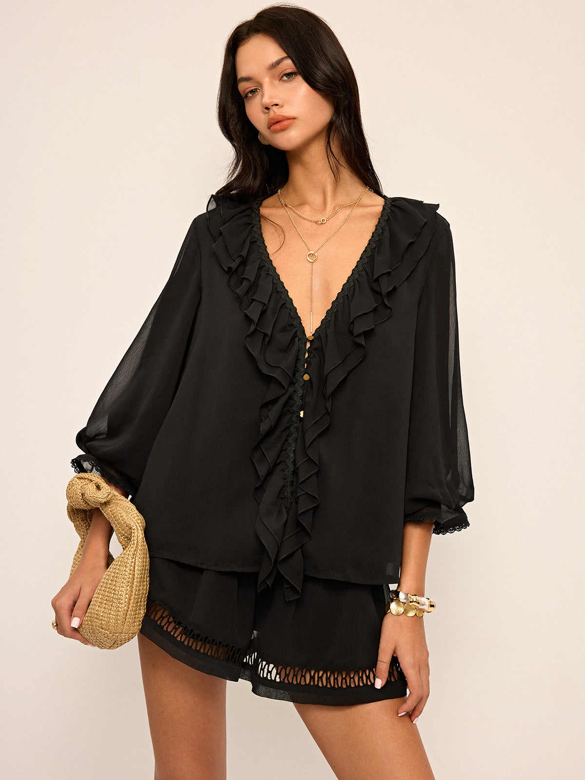 Rynket Knap Chiffon Top og Shorts Sæt