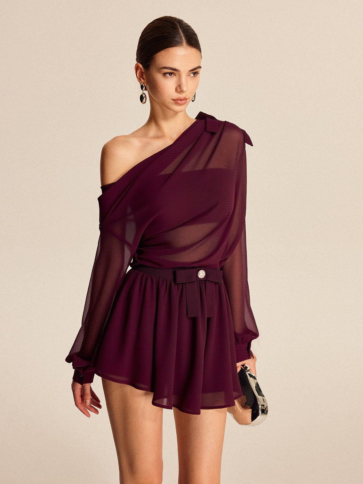 Semi-Gennemsigtig Chiffon One-Shoulder Sløjfedetalje Nederdel Sæt