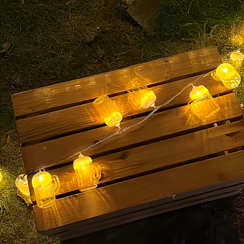 Oktoberfest Beer Mug String Lights - 20 Warm White LED Bulbs, Battery-Powered