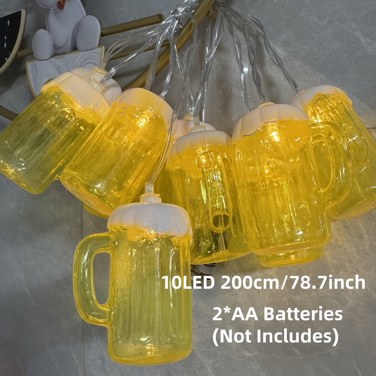 Oktoberfest Beer Mug String Lights - 20 Warm White LED Bulbs, Battery-Powered