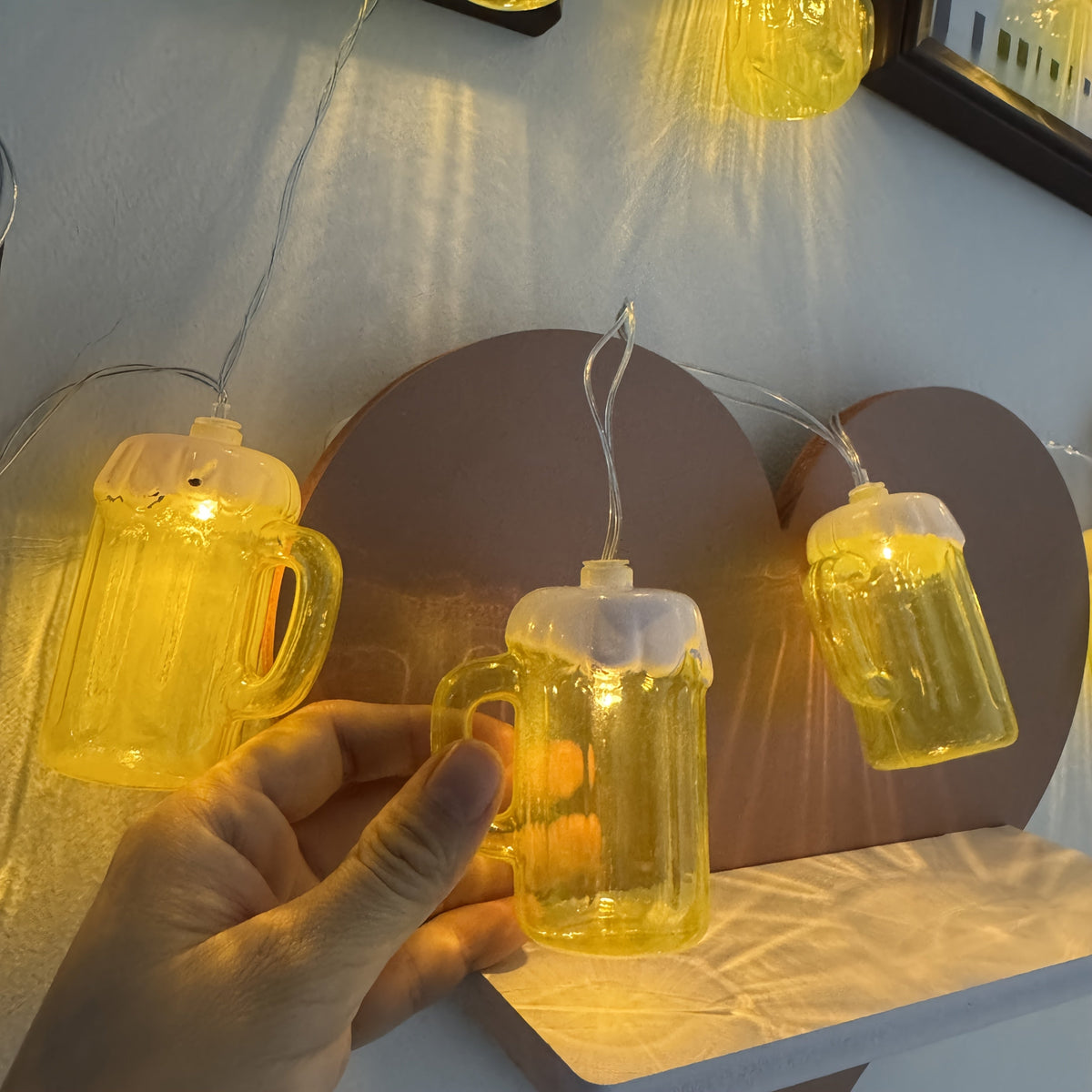 Oktoberfest Beer Mug String Lights - 20 Warm White LED Bulbs, Battery-Powered