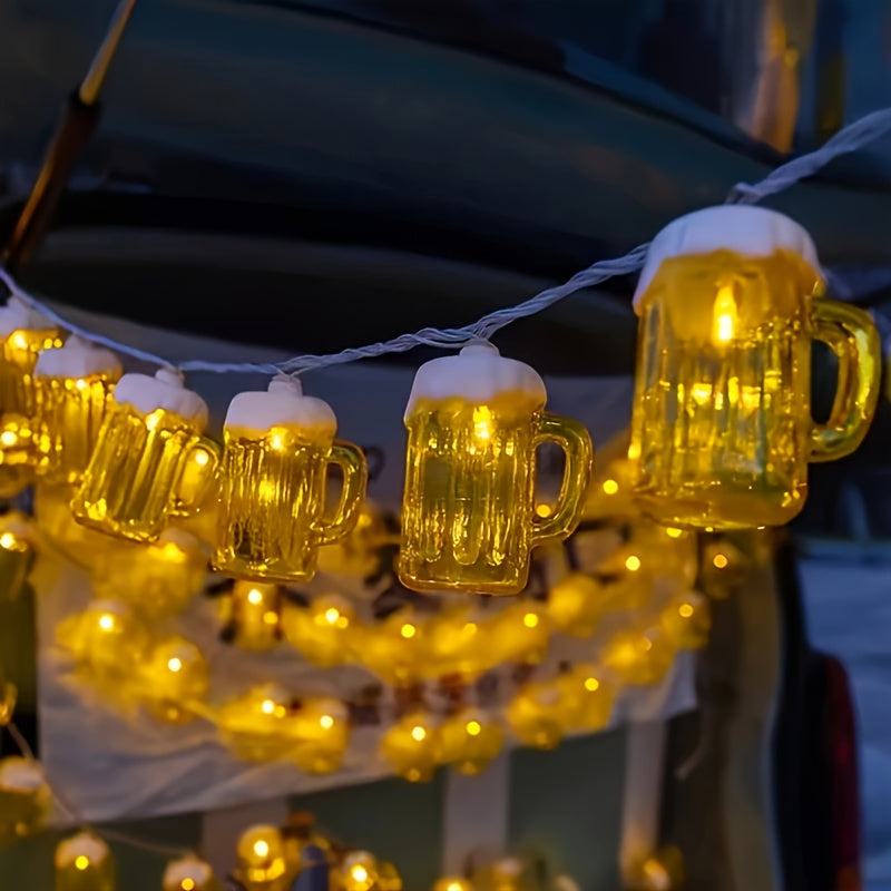 Oktoberfest Beer Mug String Lights - 20 Warm White LED Bulbs, Battery-Powered