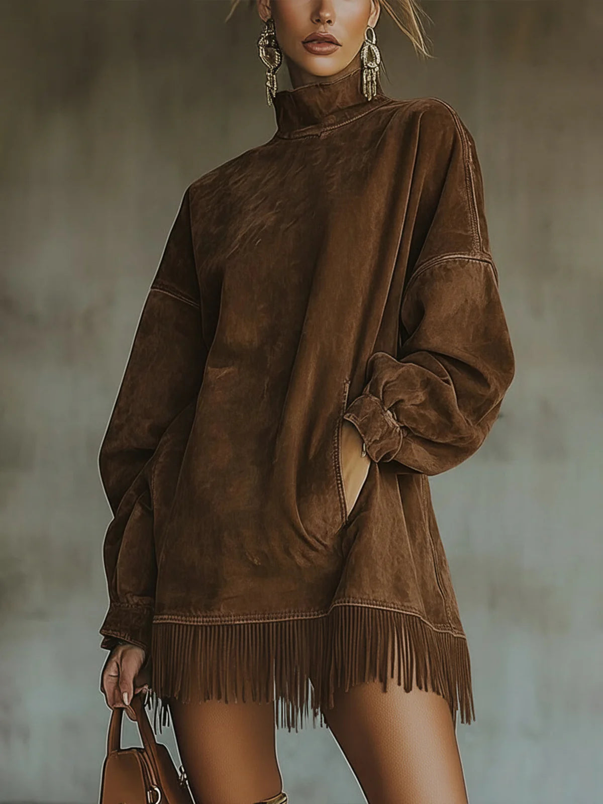 Darcie | Suede Frynse Turtleneck Kjole