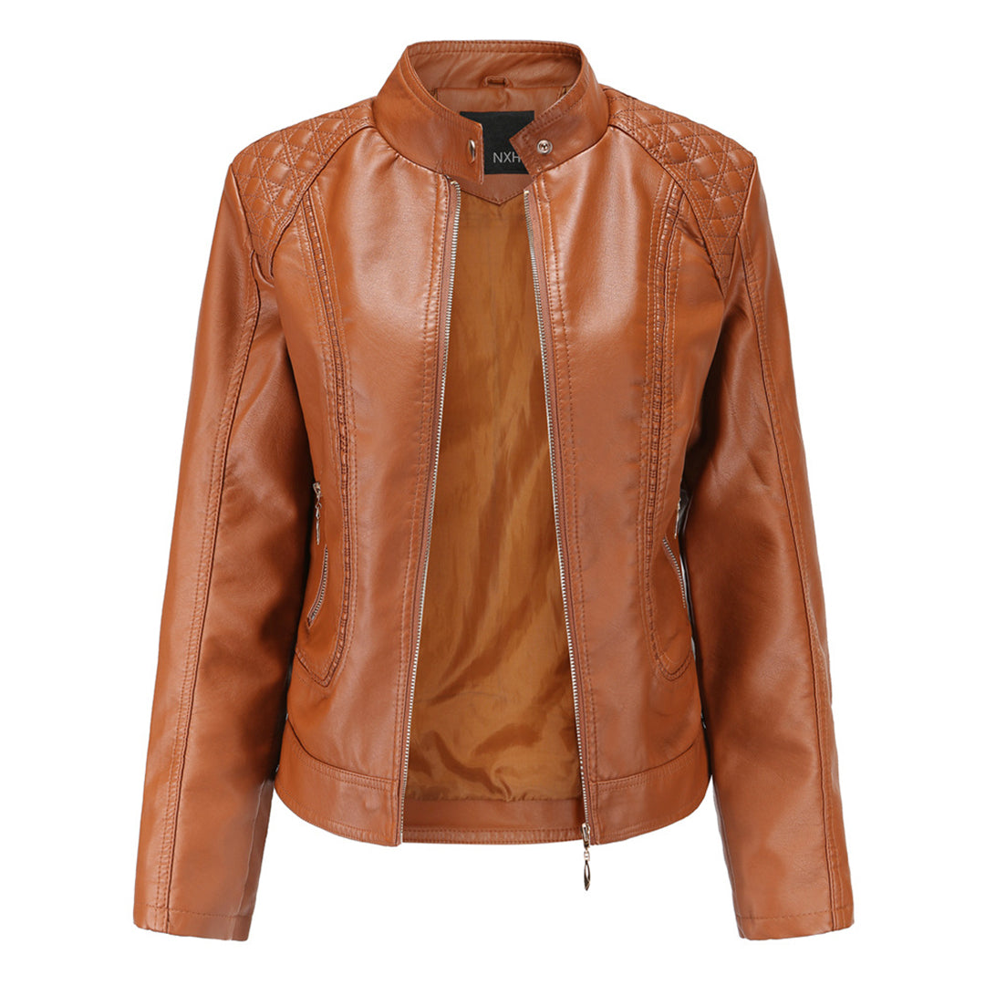 Janiyah Kvinders Læderjakke – Chic Ståkrave, Lynlåse & Elegant Moderne Stil