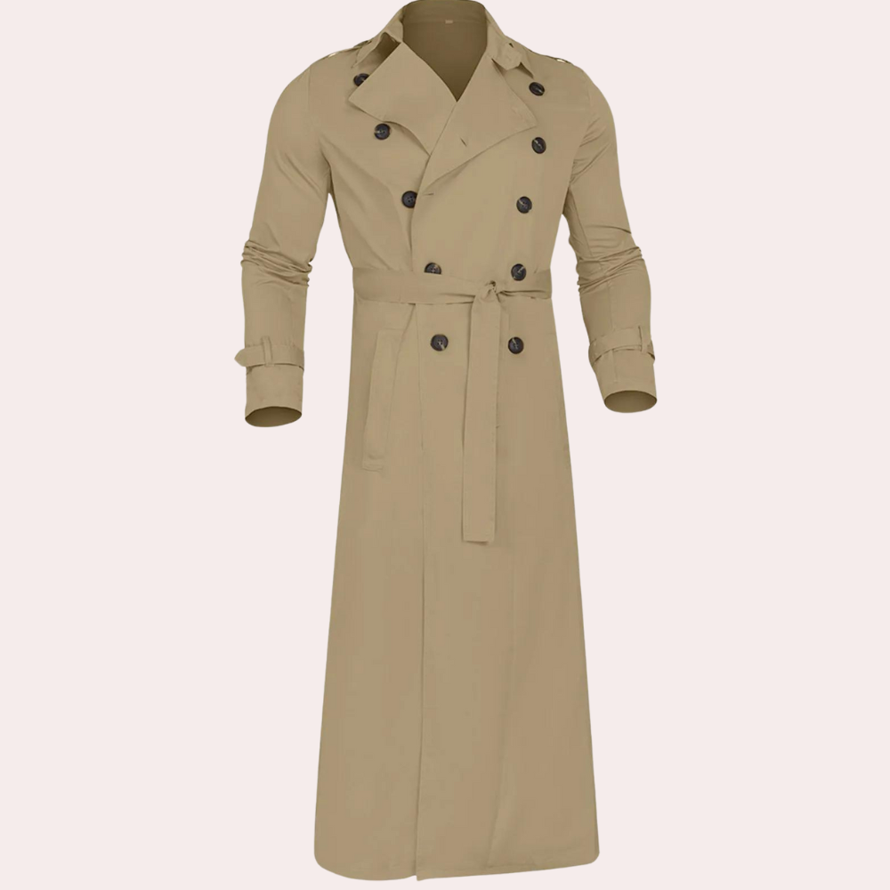 Laurence Trenchcoat Mand – Lang Vandtæt Frakke med Klassisk Snit & Elegant Stil