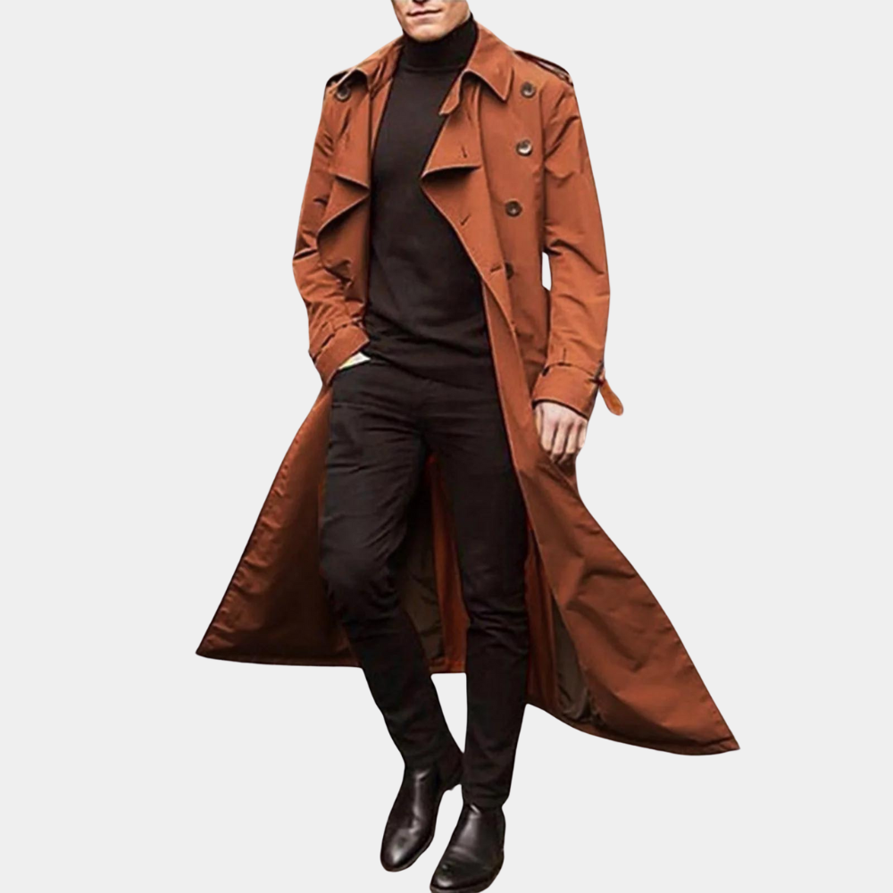 Laurence Trenchcoat Mand – Lang Vandtæt Frakke med Klassisk Snit & Elegant Stil