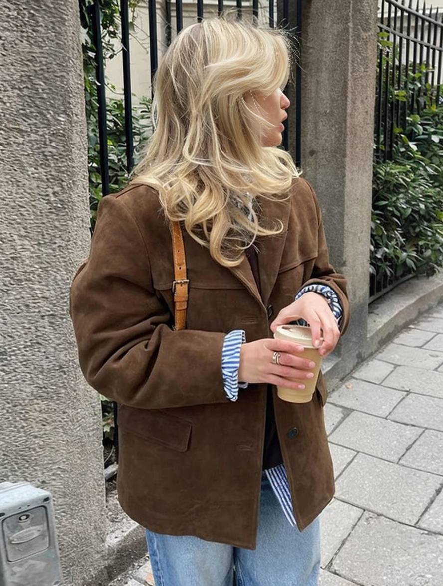 Chelsey Kvinders Suede Jakke Vintage – Løs Pasform, Elegant & Praktisk med Lommer