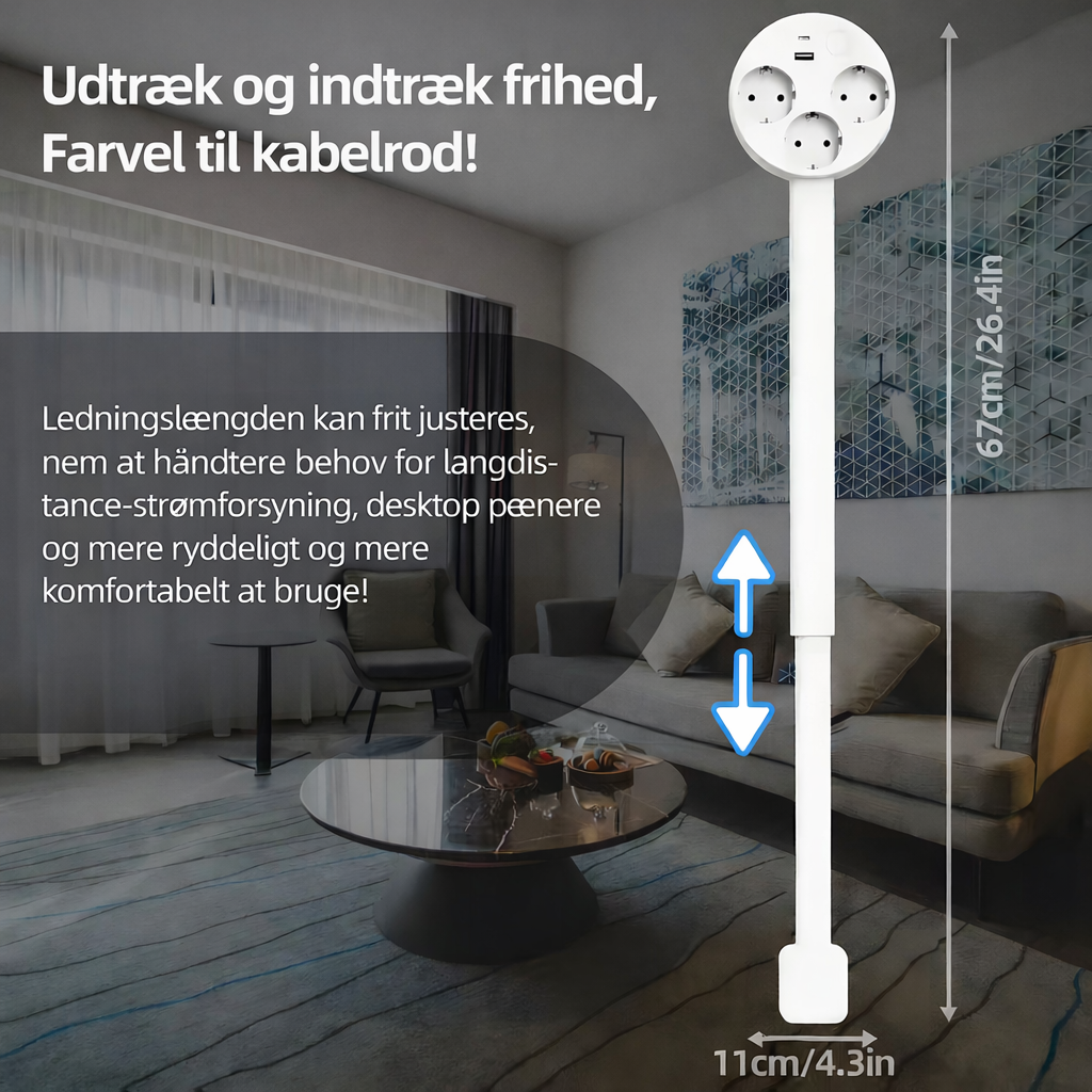 Smart Stikdåse med USB | 3 Stikdåser + Utrækkelig + 180° Drejearm