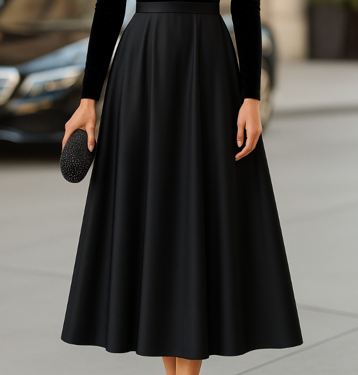 Ava | Elegant Sort Velvet Og Satin Midi Kjole