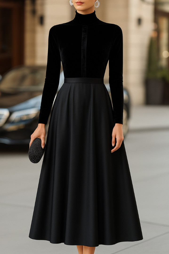 Ava | Elegant Sort Velvet Og Satin Midi Kjole