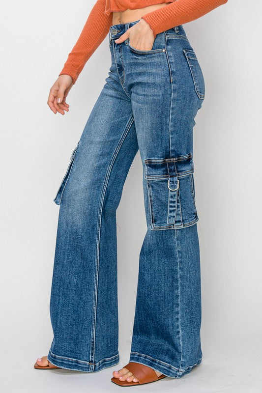 Kvinders Cargo Bukser Høj Talje Bred Ben Mørk Denim