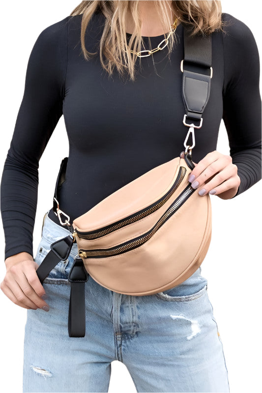 Dame Crossbody Taske Crescent Nylon med Dobbelt Lynlås og Justerbar Rem