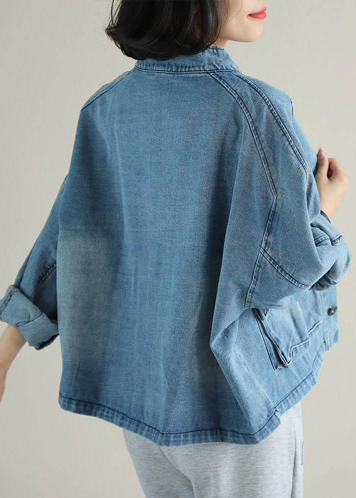 Kvinders Denim Frakke med Stand Krave og Store Lommer
