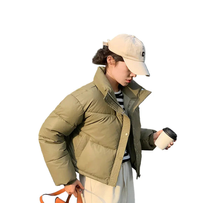 Dame Puffer Jakke Med Ståkrave Cropped Stil