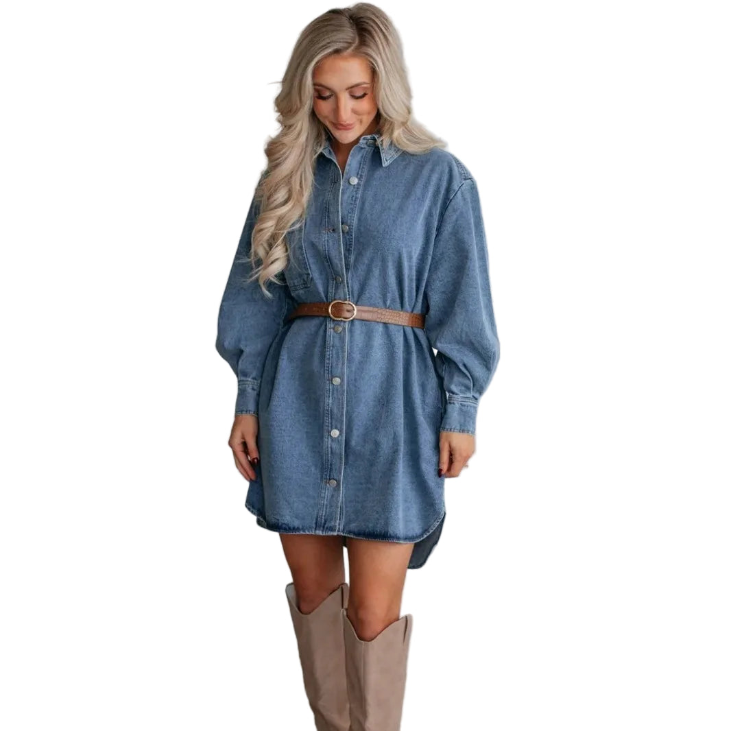 Kvinders Shirt Kjole Denim Med Lange Ærmer