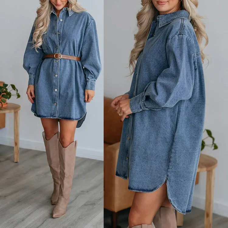 Kvinders Shirt Kjole Denim Med Lange Ærmer
