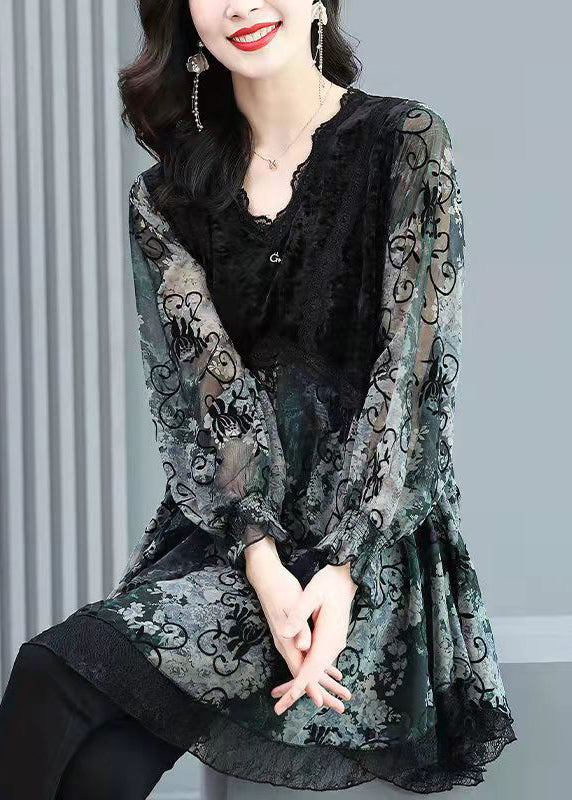 Kvinders V-hals Chiffon Top med Lange Ærmer