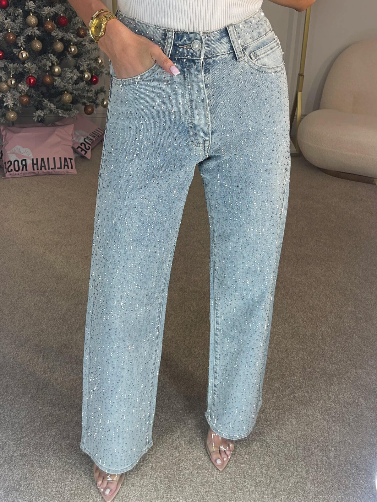 Kvinders jeans med Høj Talje og Glitrende Detaljer
