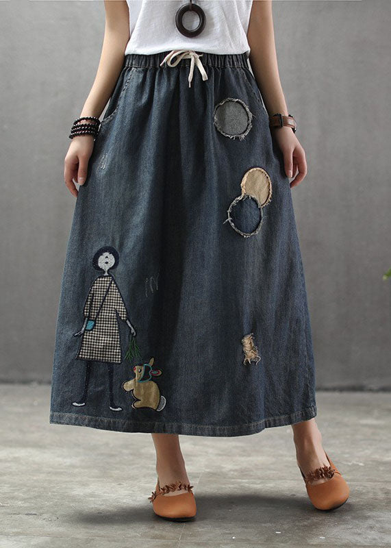 Kvinders Casual Denim Nederdel med Elastisk Talje og Broderi