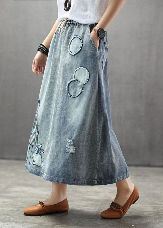 Kvinders Casual Denim Nederdel med Elastisk Talje og Broderi