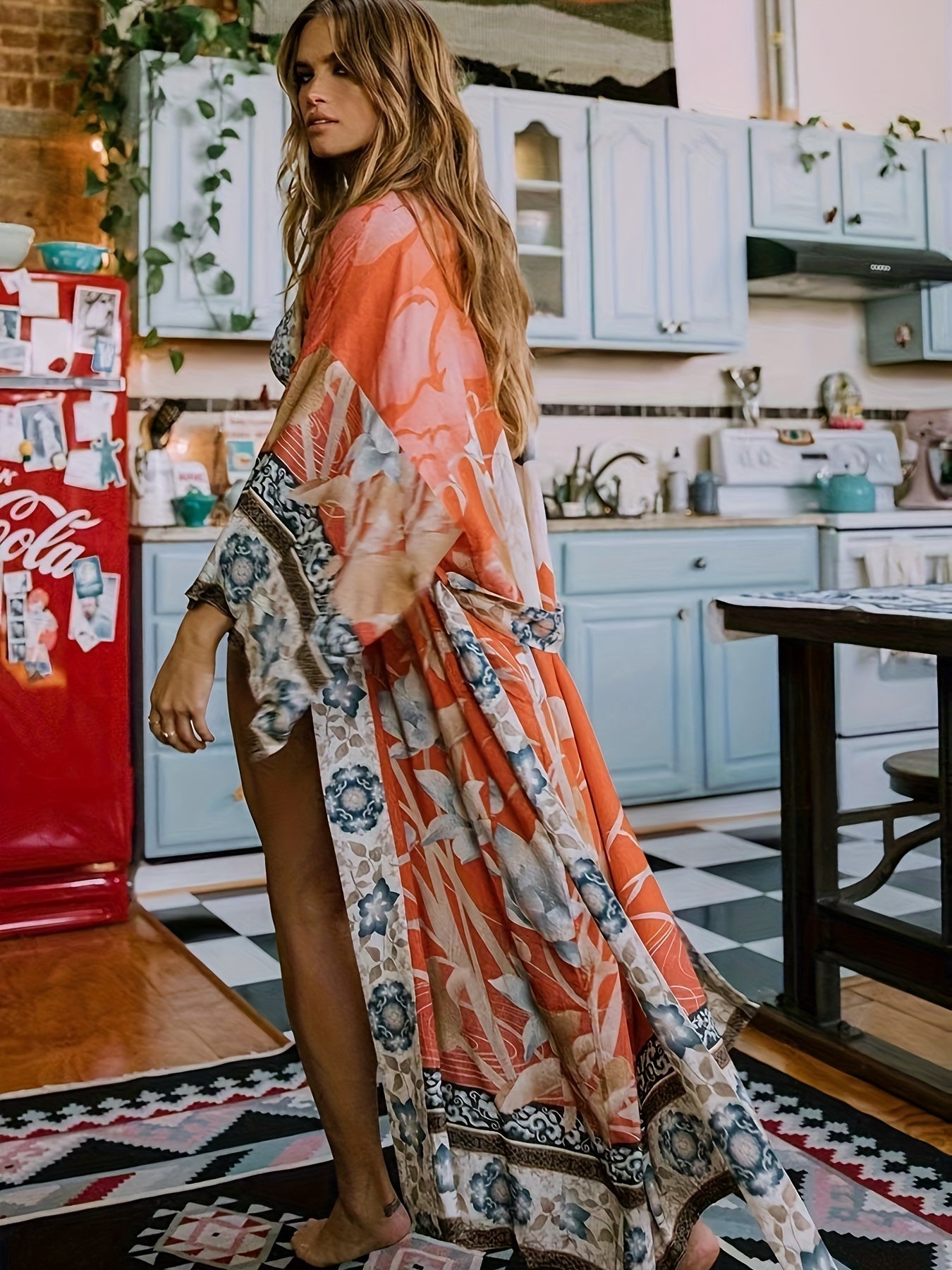 Damernes Lange Kimono Blomsterprint Blød Stof