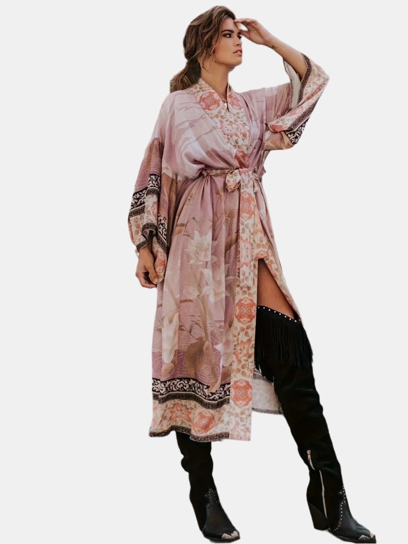 Damernes Lange Kimono Blomsterprint Blød Stof