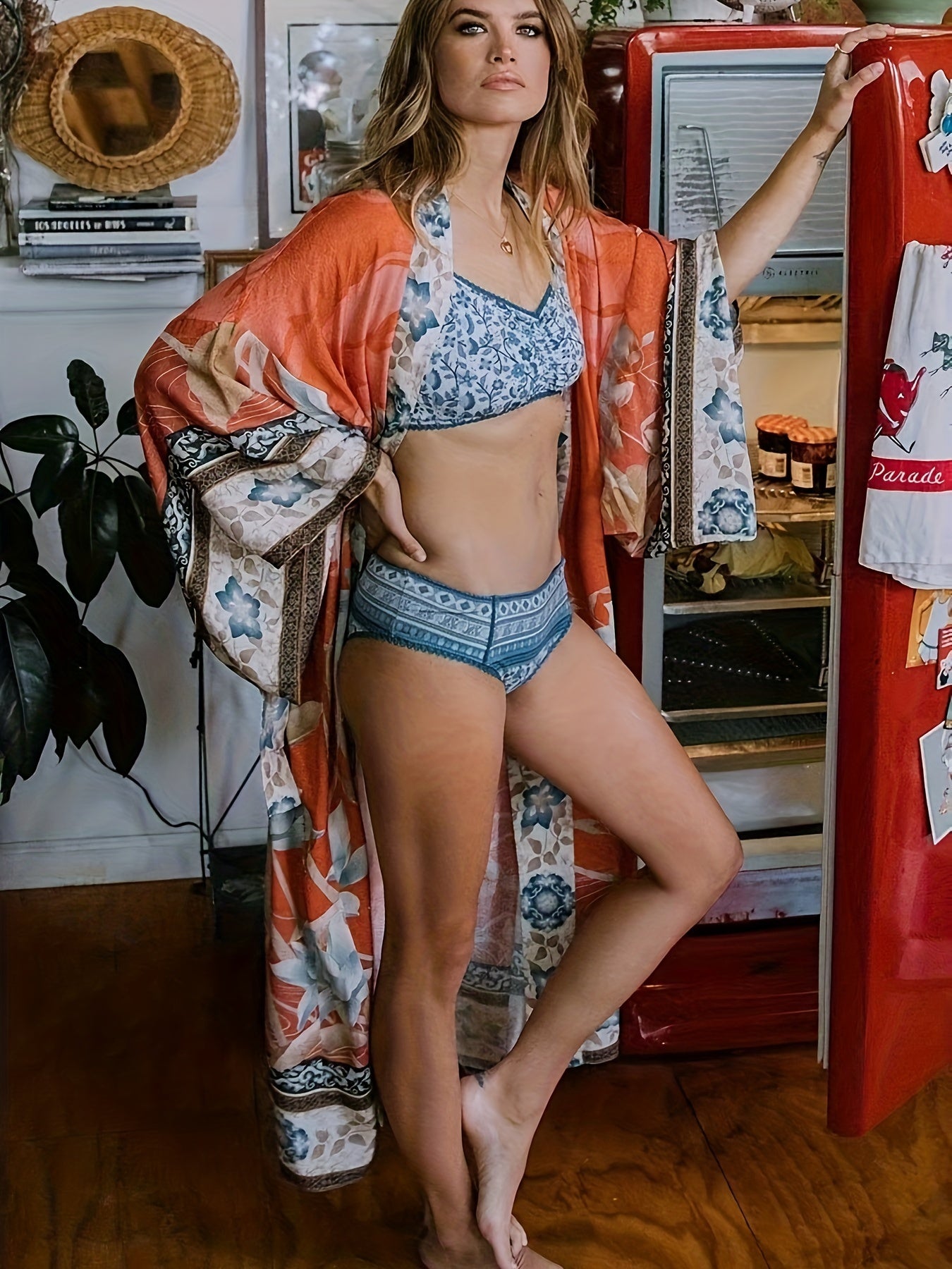 Damernes Lange Kimono Blomsterprint Blød Stof