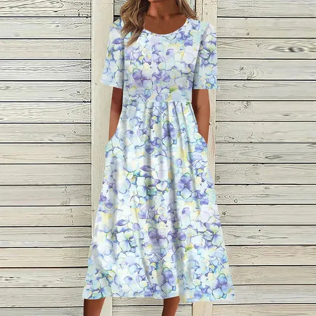 Midi Kjole med Blomsterprint og Lommer til Kvinder | Ideel til Sommer og Uformelle Udgange