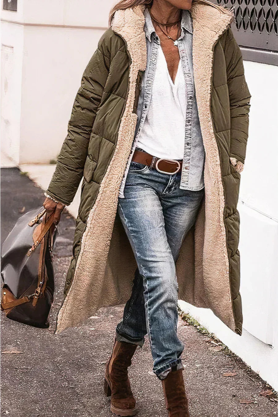 Camila Manteau Lang Quilted til Kvinder – Hue med kunstpels og fuld lynlås