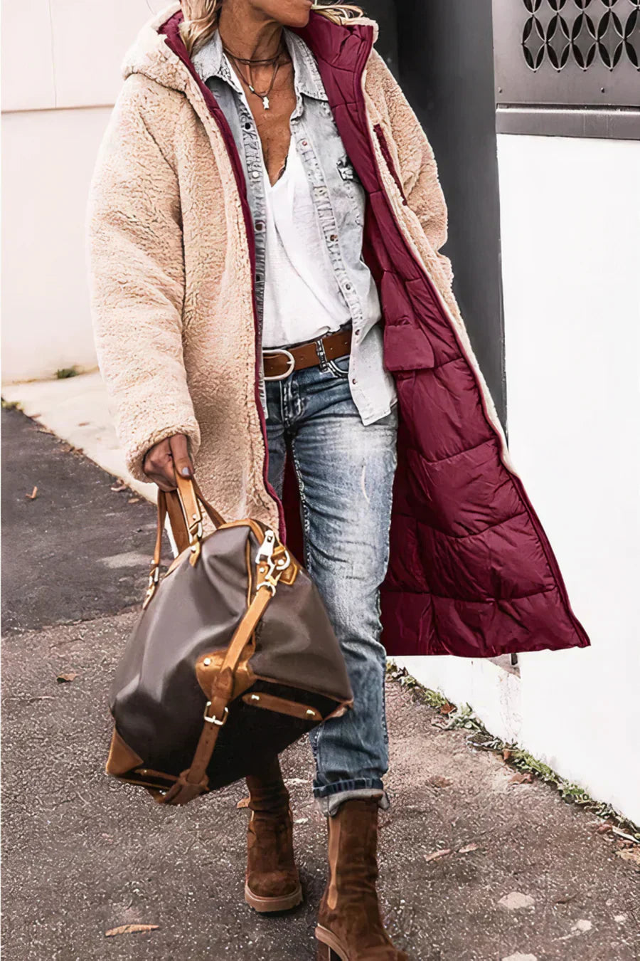 Camila Manteau Lang Quilted til Kvinder – Hue med kunstpels og fuld lynlås