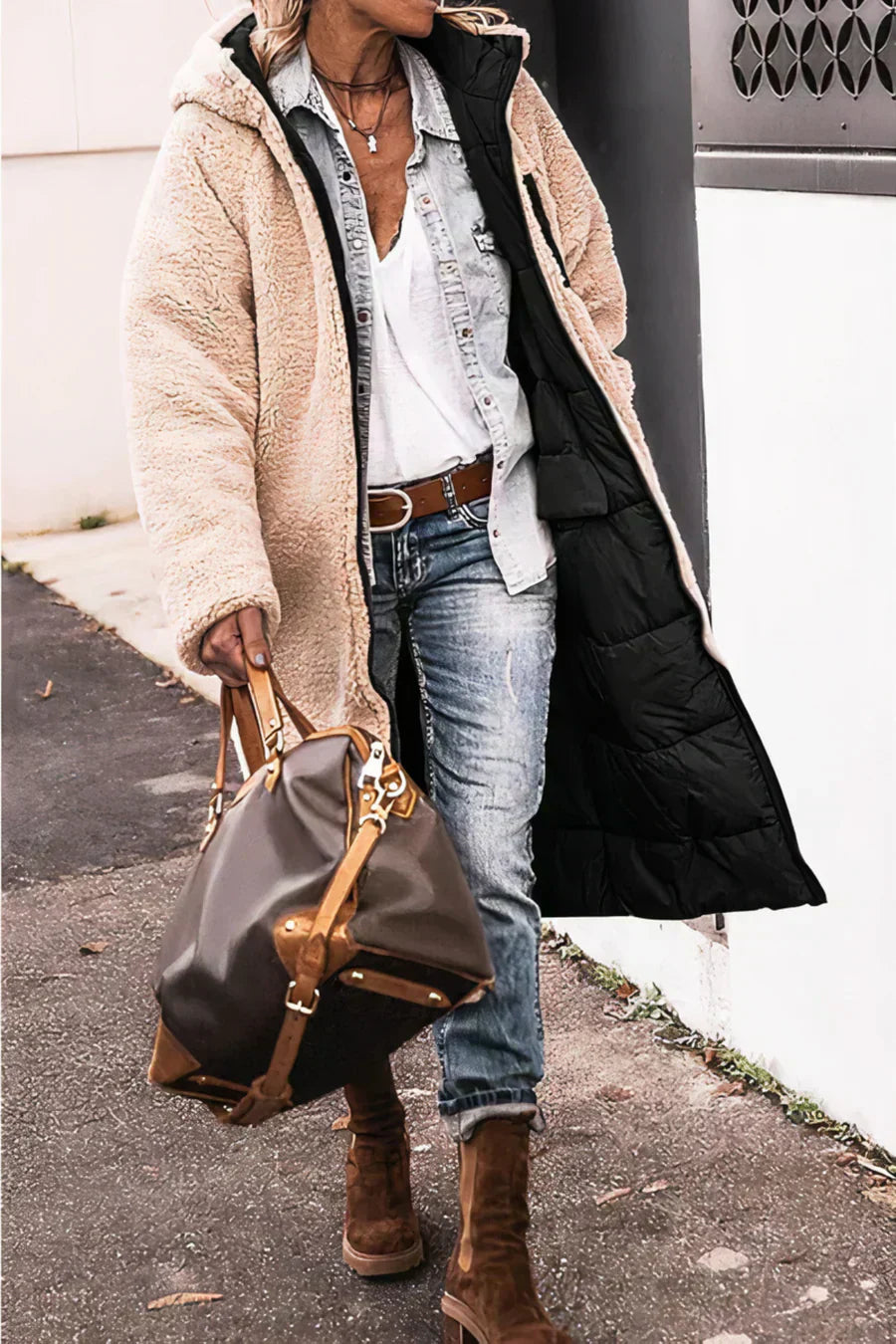 Camila Manteau Lang Quilted til Kvinder – Hue med kunstpels og fuld lynlås