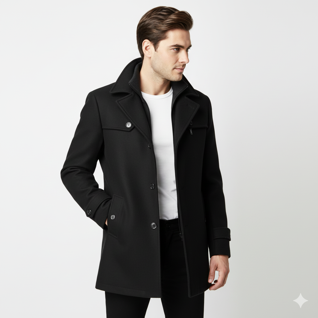Edwin Herrefrakke – Slim Fit Dobbeltbrystet Overfrakke med Klassisk Krave