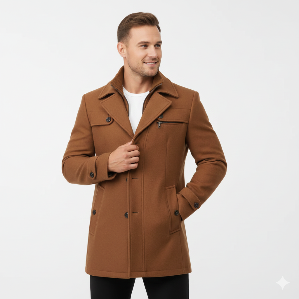 Edwin Herrefrakke – Slim Fit Dobbeltbrystet Overfrakke med Klassisk Krave